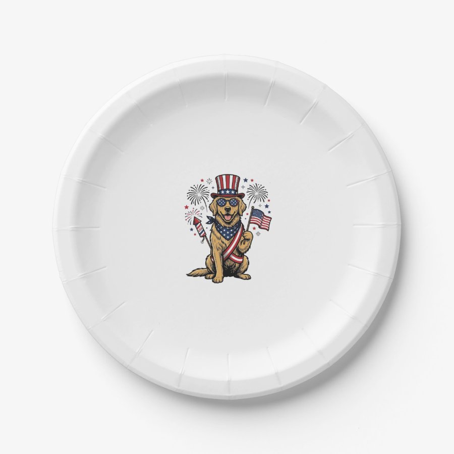 Patriotic Golden Retriever Fireworks Vintage Shirt Paper Plates