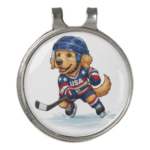 Patriotic Golden Retriever Ice Hockey Player Illus Golf Hat Clip