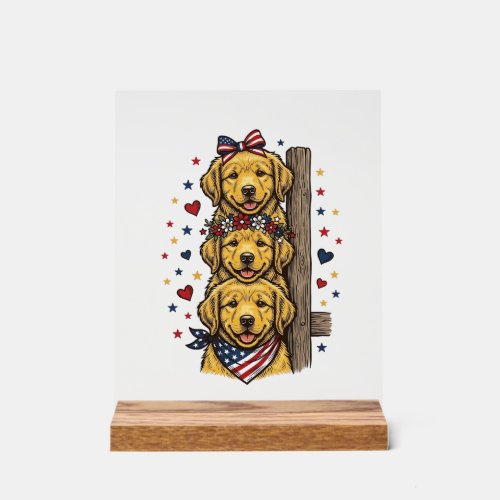 Patriotic Golden Retriever Puppies Vintage Shirt D Acrylic Sign