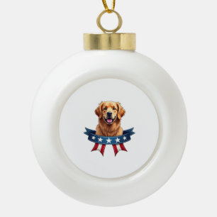 Patriotic Golden Retriever Ribbon Bridge Tee Ceramic Ball Christmas Ornament