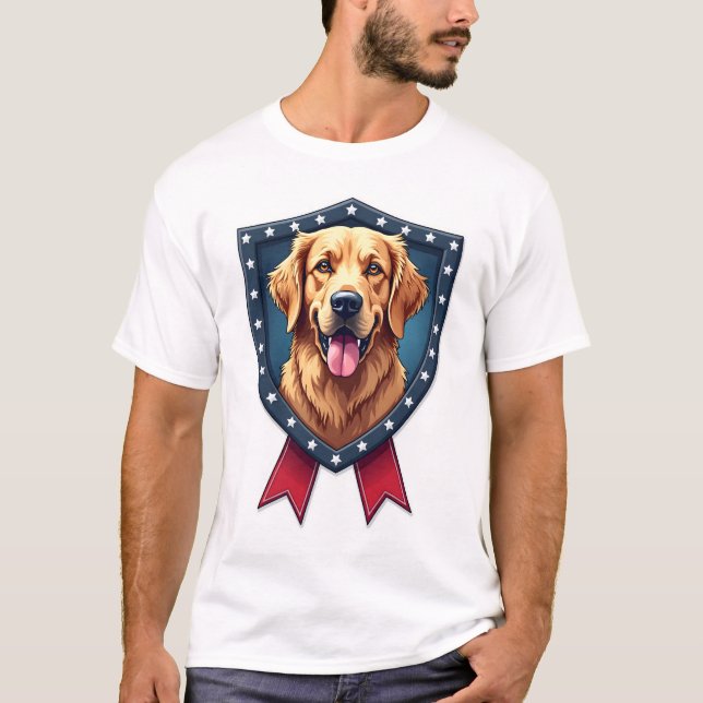 Patriotic Golden Retriever Shield Ribbon Drop Tee (Front)
