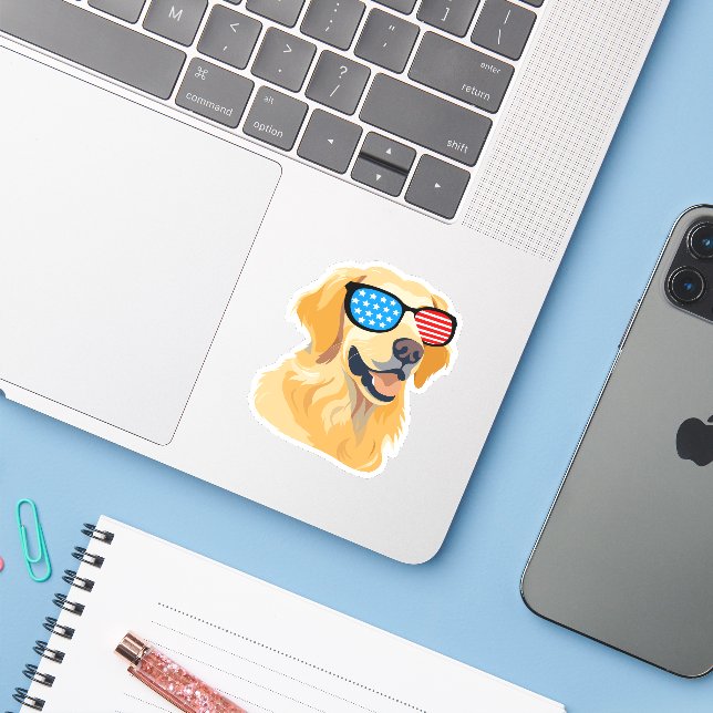 Patriotic Golden Retriever Sticker (Laptop w/ iPhone)