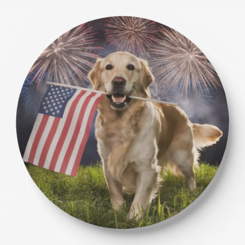 Patriotic Golden Retriever With Fireworks Paper Plates