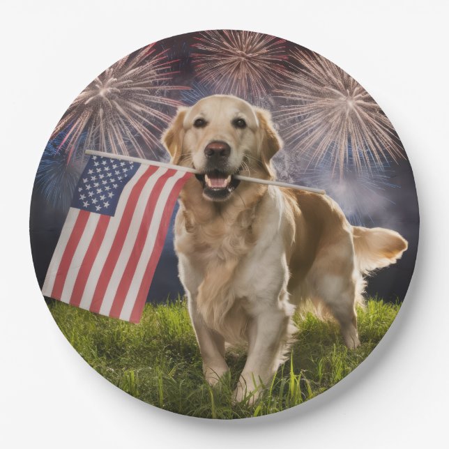 Patriotic Golden Retriever With Fireworks Paper Plates (Front)