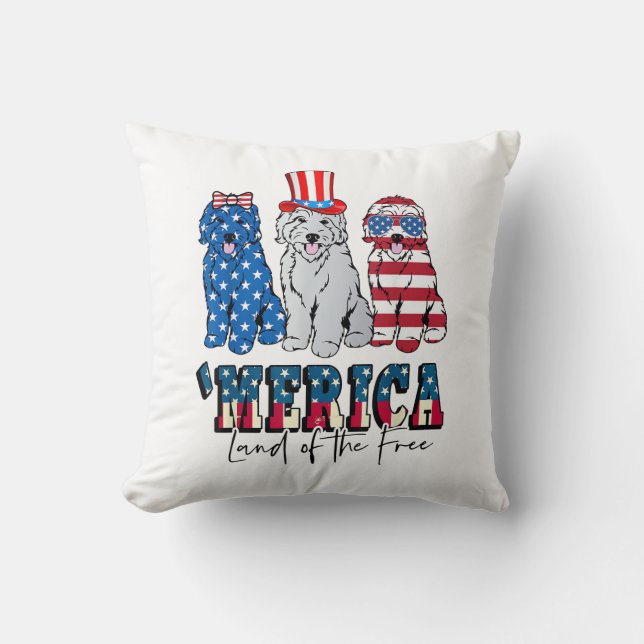 Patriotic Goldendoodle Dog 4th of July America USA Throw Pillow (Front)