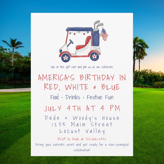 Patriotic Golf Cart Party Red White Blue July 4th Invitation (Creator Uploaded)