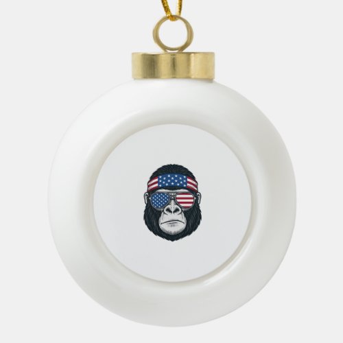 Patriotic Gorilla Face Vintage Engraving Vector_1 Ceramic Ball Christmas Ornament