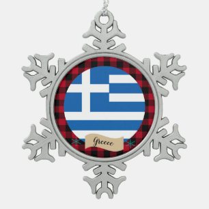 Patriotic Greece, Red buffalo plaid, Greek Flag Snowflake Pewter Christmas Ornament