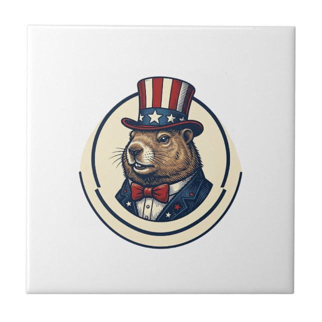 Patriotic Groundhog Vintage Engraving Shirt Design Ceramic Tile (Front)