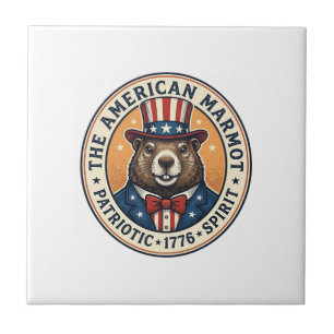 Patriotic Groundhog Vintage Engraving Shirt Design Ceramic Tile