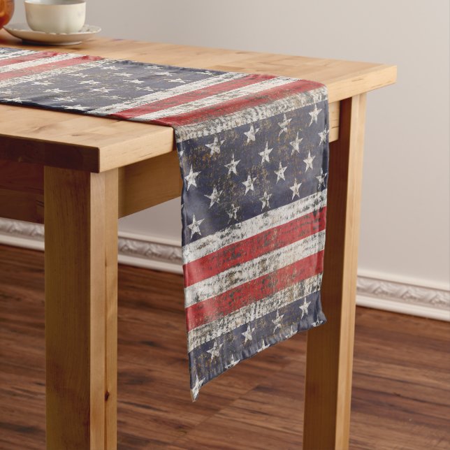 Patriotic Grunge Stars and Stripes Pattern Medium Table Runner (In Situ)
