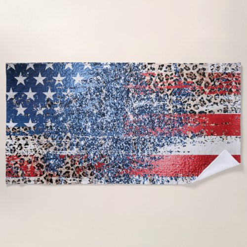  Patriotic Grunge USA Flag AP27 Leopard Glitter Beach Towel