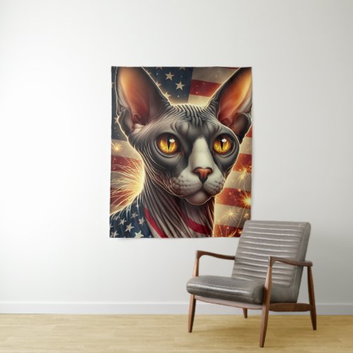 Patriotic Hairless Cat Sphynx USA American Flag Tapestry