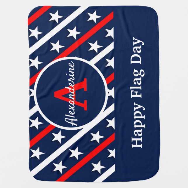 Patriotic Happy Flag day Red White and Blue stripe Baby Blanket (Front)