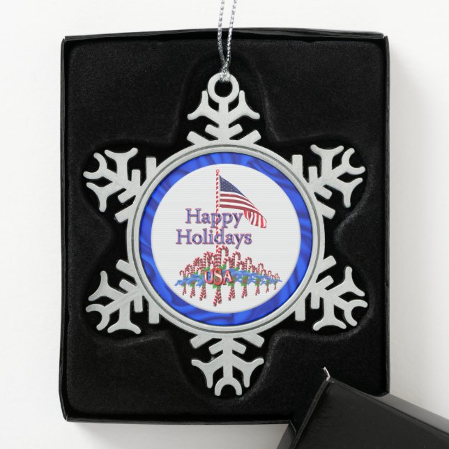Patriotic Happy Holidays Candy Canes Snowflake Pewter Christmas Ornament (Box)