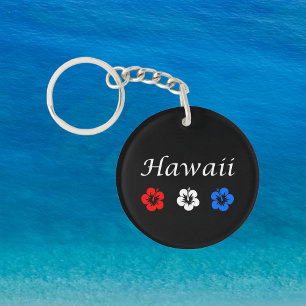 Patriotic Hawaii Aloha Red White Blue Flowers Keychain