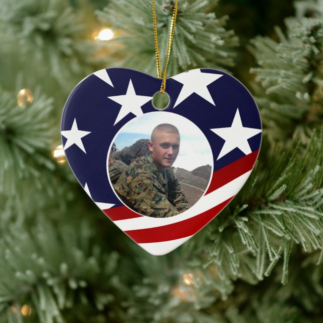 Patriotic Heart Always in My Heart Military Photo Ceramic Ornament (Tree)