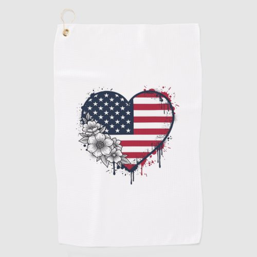 Patriotic Heart Floral Vintage Engraving Design_1 Golf Towel