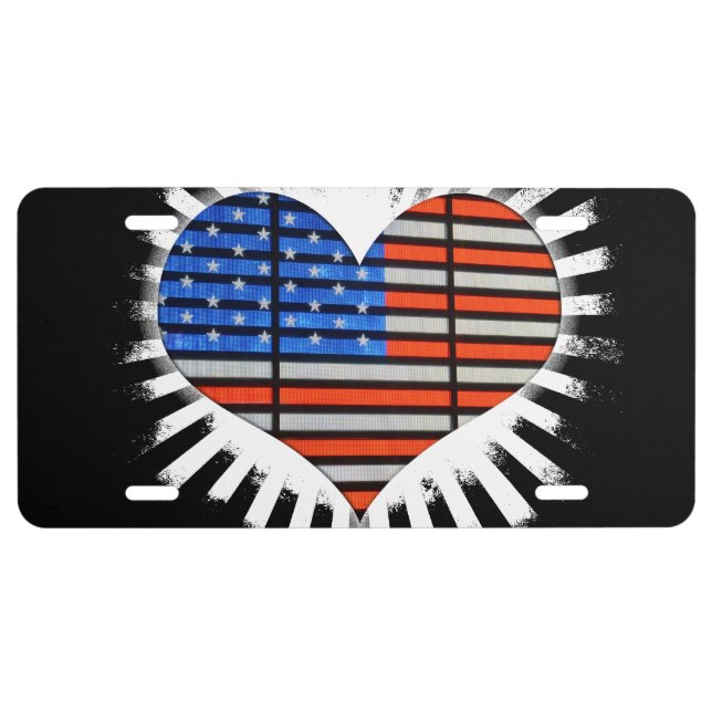Patriotic Heart Shaped American Flag Neon License Plate (Front)