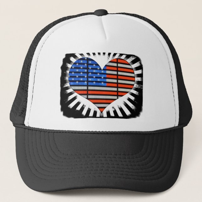 Patriotic Heart Shaped American Flag Trucker Hat (Front)