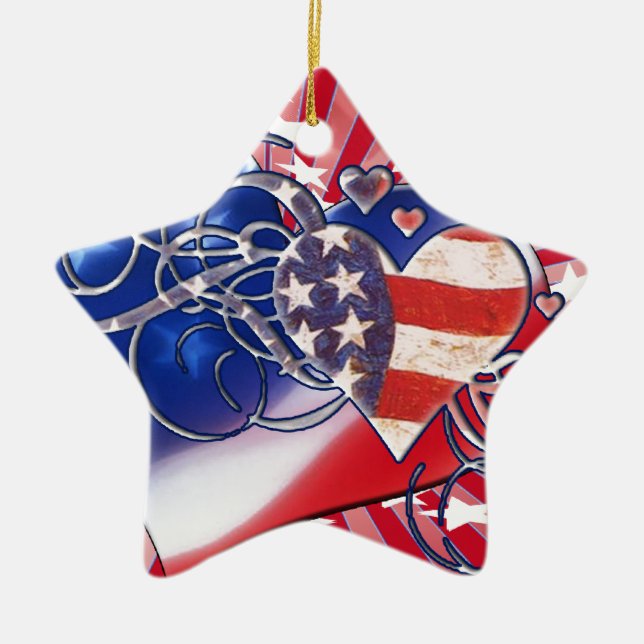 PATRIOTIC HEART STARBURST 4TH OF JULY CERAMIC ORNAMENT (Front)