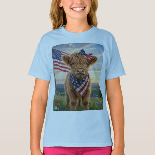 Patriotic Highland Calf with American Flag T-Shirt