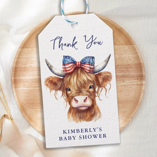 Patriotic Highland Cow 4th of July Baby Shower Gift Tags