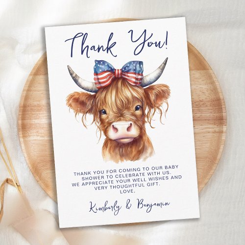 Patriotic Highland Cow 4th of July Baby Shower Thank You Card