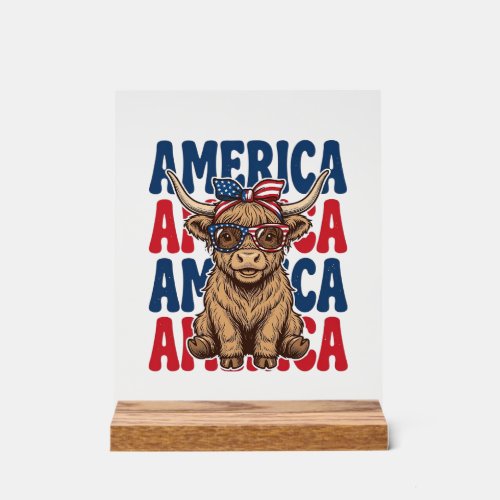 Patriotic Highland Cow America Vintage Shirt Desig Acrylic Sign