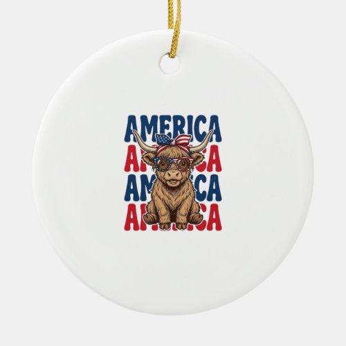 Patriotic Highland Cow America Vintage Shirt Desig Ceramic Ornament