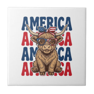 Patriotic Highland Cow America Vintage Shirt Desig Ceramic Tile