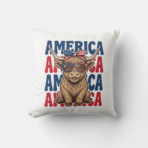 Patriotic Highland Cow America Vintage Shirt Desig Throw Pillow