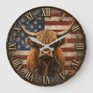 Patriotic Highland Cow American Flag Rustic  Large Clock
