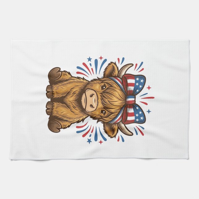 Patriotic Highland Cow Bow Vector Design (2)_1 Kitchen Towel (Horizontal)