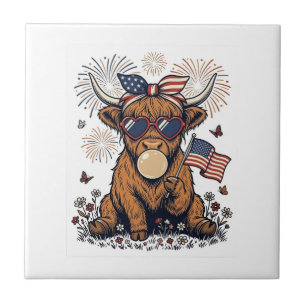 Patriotic Highland Cow Bubblegum Vintage Engraving Ceramic Tile
