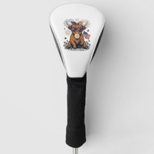 Patriotic Highland Cow Bubblegum Vintage Engraving Golf Head Cover