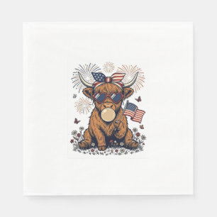 Patriotic Highland Cow Bubblegum Vintage Engraving Napkins