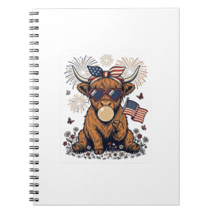 Patriotic Highland Cow Bubblegum Vintage Engraving Notebook