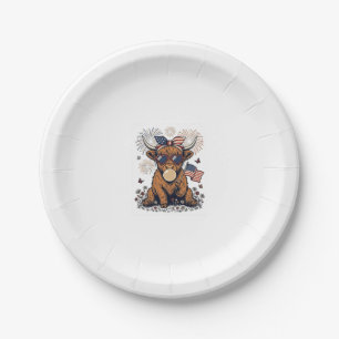 Patriotic Highland Cow Bubblegum Vintage Engraving Paper Plates