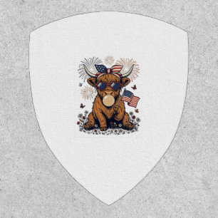 Patriotic Highland Cow Bubblegum Vintage Engraving Patch