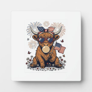 Patriotic Highland Cow Bubblegum Vintage Engraving Plaque