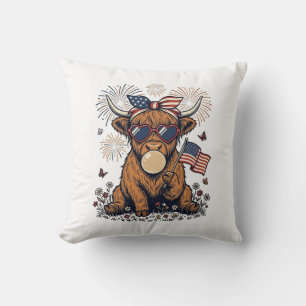 Patriotic Highland Cow Bubblegum Vintage Engraving Throw Pillow