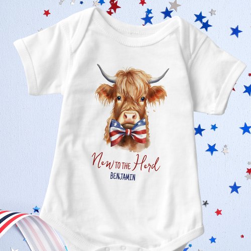 Patriotic Highland Cow Cute New To The Herd  Baby Bodysuit