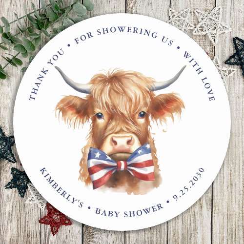 Patriotic Highland Cow Farm Animal Baby Shower Classic Round Sticker