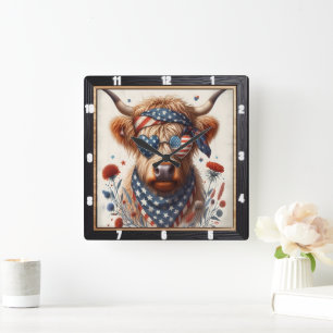 Patriotic Highland Cow Heart Wall Square Wall Clock