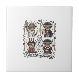 Patriotic Highland Cow Red White and Boujee Ceramic Tile