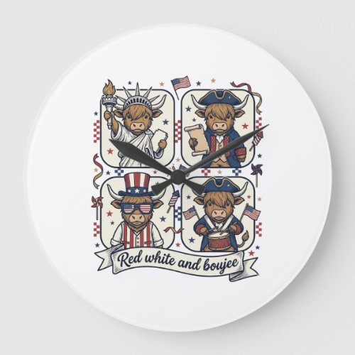Patriotic Highland Cow Red White and Boujee Large Clock