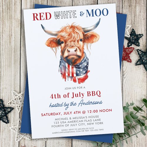 Patriotic Highland Cow Red White Moo 4th Of July Invitation