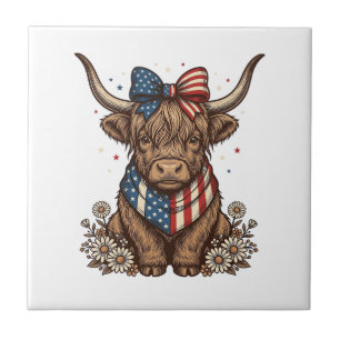 Patriotic Highland Cow Vintage Ceramic Tile