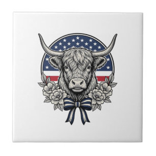 Patriotic Highland Cow Vintage Engraving Art_1 Ceramic Tile